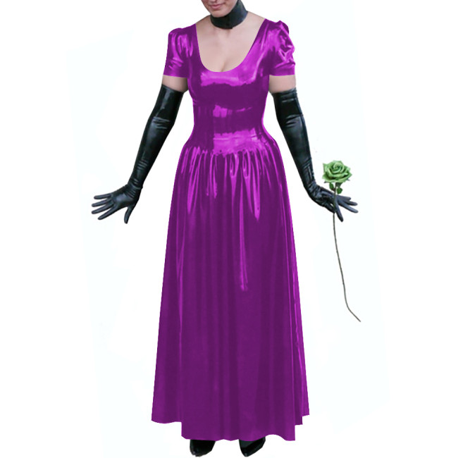 Sexy Club Glossy PVC Leather Maxi Dress Plus Size Puff Sleeves Long Dresses Women's U-neck A-line Ball Gown Wetlook Clubwear