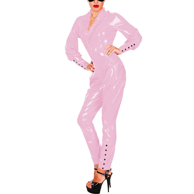 Raves Party PVC Shiny Full Length Jumpsuit Women V-neck Ruffled Long Sleeve Pants Bodysuit Fetish Front Zipper Cosplay Catsuit