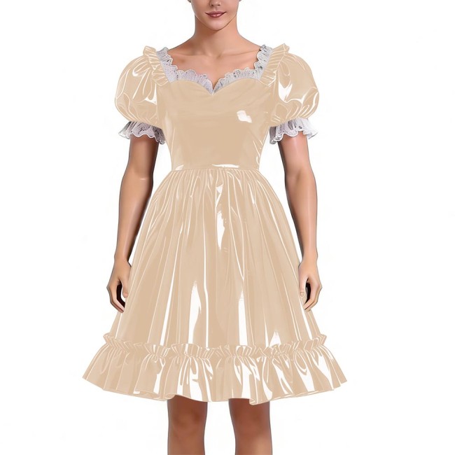 Sissy Lolita Glossy PVC Sweetheart Neck Mid Dress Women's Puff Sleeve Ruffled Hem A-line Dress Halloween Party Pleated Dresses