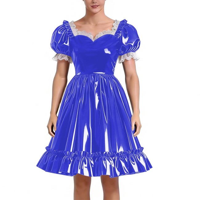 Sissy Lolita Glossy PVC Sweetheart Neck Mid Dress Women's Puff Sleeve Ruffled Hem A-line Dress Halloween Party Pleated Dresses