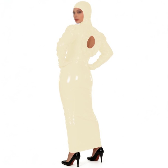 Novelty Shiny PVC Full Body Long Pencil Dress with Hood Womens Sissy Back Hollow Glossy Club Bodycon Dress Fetish Party Costume