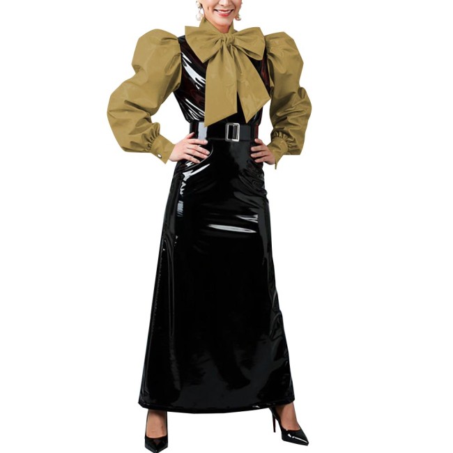 Women's Vintage Style Puff Sleeve Bow Long Dress Laides Glossy PVC Patchwork Slim Dresses Fetish Clubwear Evening Party Costume