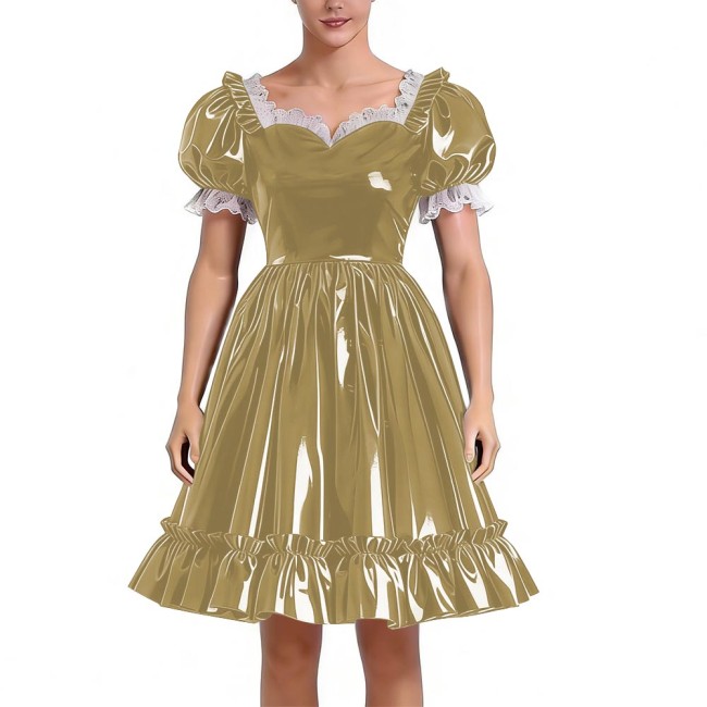 Sissy Lolita Glossy PVC Sweetheart Neck Mid Dress Women's Puff Sleeve Ruffled Hem A-line Dress Halloween Party Pleated Dresses