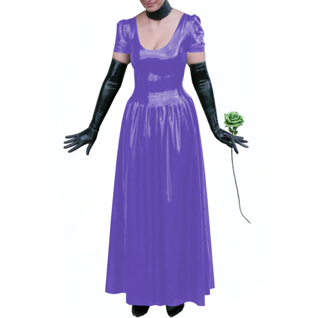 Sexy Club Glossy PVC Leather Maxi Dress Plus Size Puff Sleeves Long Dresses Women's U-neck A-line Ball Gown Wetlook Clubwear