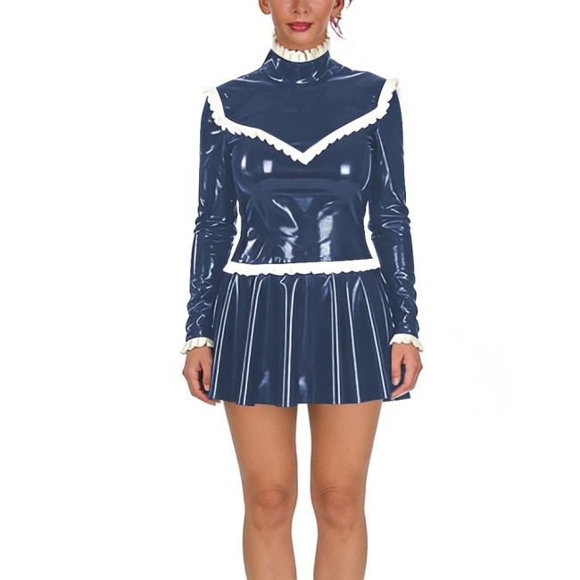 Women‘s Ruffles High Neck Mini Dresses PVC Shiny Long Sleeves Slim and Pleated Bodycon Dress Female Glossy Party Club Vestidos