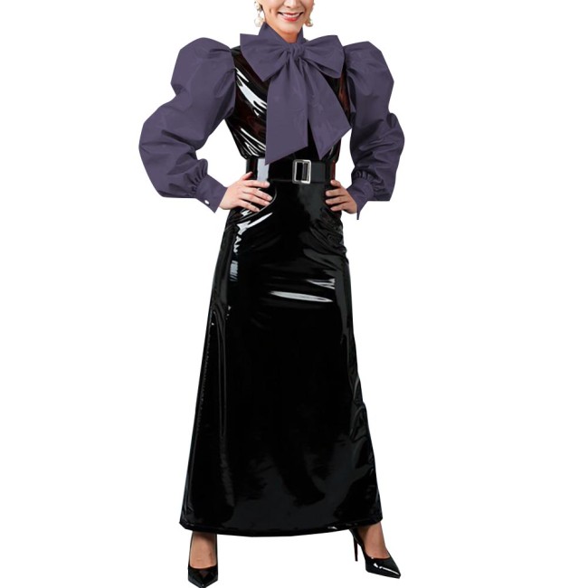 Women's Vintage Style Puff Sleeve Bow Long Dress Laides Glossy PVC Patchwork Slim Dresses Fetish Clubwear Evening Party Costume