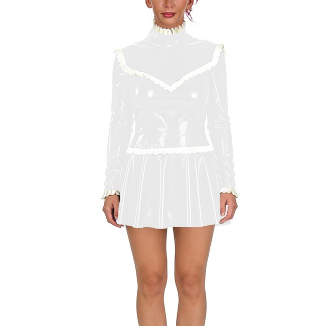Women‘s Ruffles High Neck Mini Dresses PVC Shiny Long Sleeves Slim and Pleated Bodycon Dress Female Glossy Party Club Vestidos