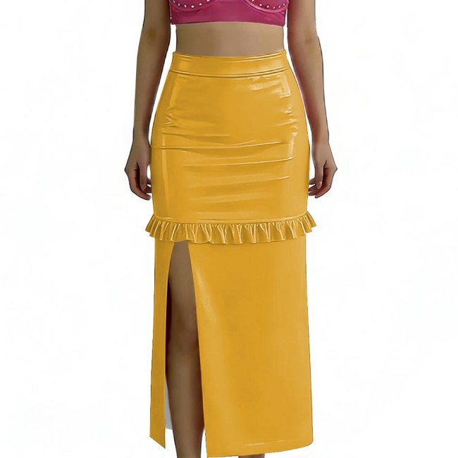 Ladies Vinyl PVC Leather Midi Skirt for Women High Waist Ruffled Split Hem Tight Skirt Glossy Clubwear Plus Size Womens Skirt