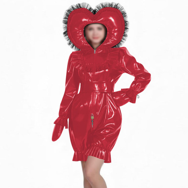 Glossy PVC Sissy Rompers with Lace Hat Long Sleeves Gloved Zipper Front Lockable Bodysuit Uniforms Theme Party Cosplay Outfits