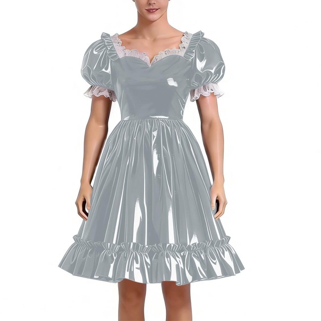 Sissy Lolita Glossy PVC Sweetheart Neck Mid Dress Women's Puff Sleeve Ruffled Hem A-line Dress Halloween Party Pleated Dresses
