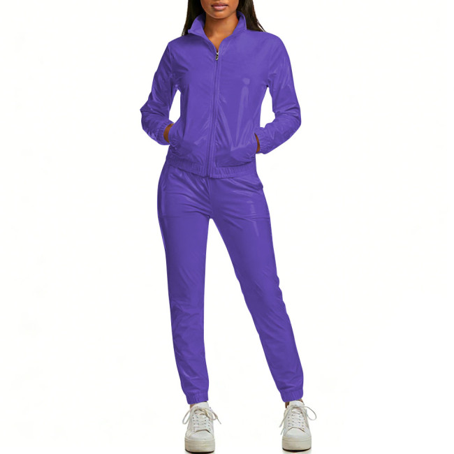 Womens Casual Shiny Trouses Outfits Streetwear Glossy PVC Leather Two-piece Pant Sets Full Zipper Long Sleeve Jacket and Pant