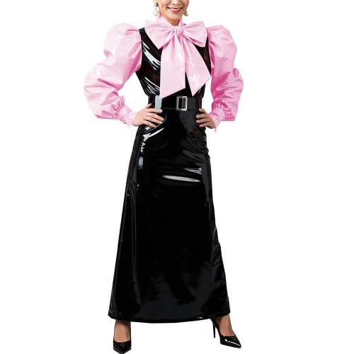 Women's Vintage Style Puff Sleeve Bow Long Dress Laides Glossy PVC Patchwork Slim Dresses Fetish Clubwear Evening Party Costume