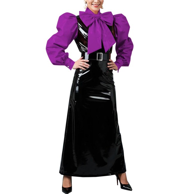 Women's Vintage Style Puff Sleeve Bow Long Dress Laides Glossy PVC Patchwork Slim Dresses Fetish Clubwear Evening Party Costume