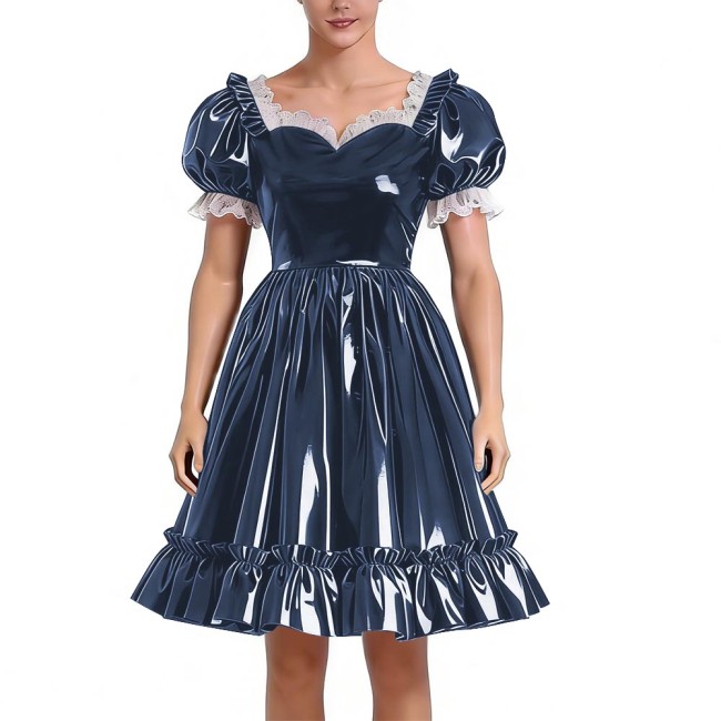 Sissy Lolita Glossy PVC Sweetheart Neck Mid Dress Women's Puff Sleeve Ruffled Hem A-line Dress Halloween Party Pleated Dresses