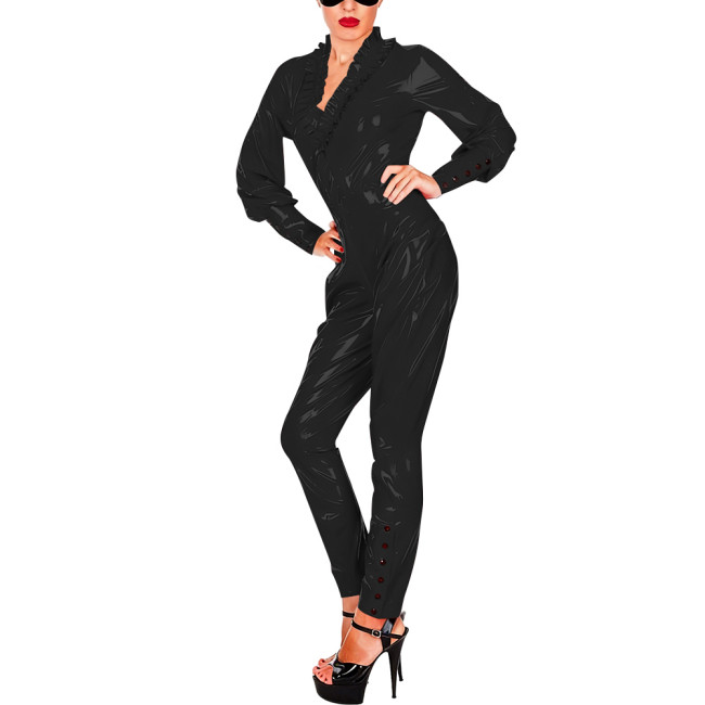 Raves Party PVC Shiny Full Length Jumpsuit Women V-neck Ruffled Long Sleeve Pants Bodysuit Fetish Front Zipper Cosplay Catsuit