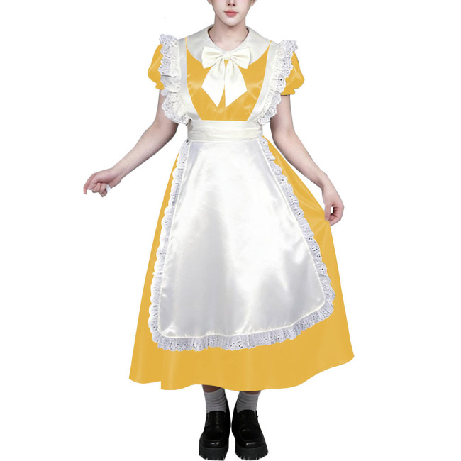 Men's Sissy Satin Maid Midi Dress Party Cosplay Costume Lolita Bow Apron Crossdressing Outfit for Halloween Anime Role Play 7XL