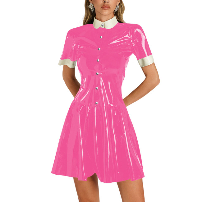 Womens Shiny Vinyl Short Sleeve Short Dress Preppy Style Contrast Collar Slim and Flare Mini Dress Plus Size Party Club Dress