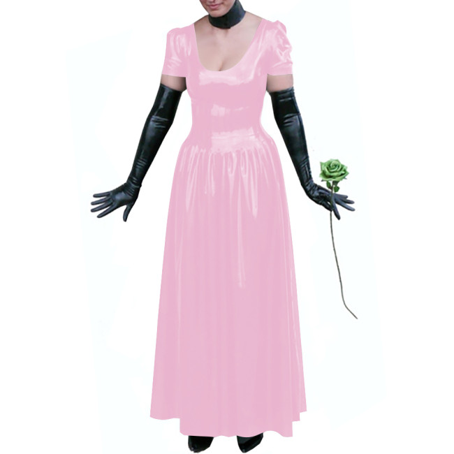 Sexy Club Glossy PVC Leather Maxi Dress Plus Size Puff Sleeves Long Dresses Women's U-neck A-line Ball Gown Wetlook Clubwear