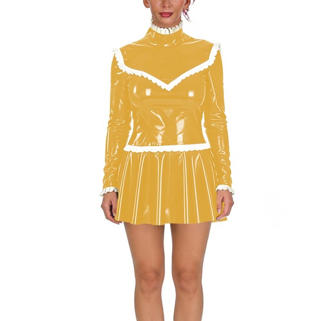Women‘s Ruffles High Neck Mini Dresses PVC Shiny Long Sleeves Slim and Pleated Bodycon Dress Female Glossy Party Club Vestidos