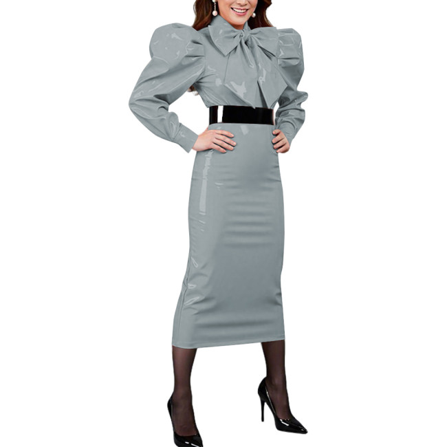 Retro Casual Vinyl PVC Leather Midi Pencil Dress with Bow Puff Long Sleeves Elegant Slim Cocktail Party Dress Womens Streetwear