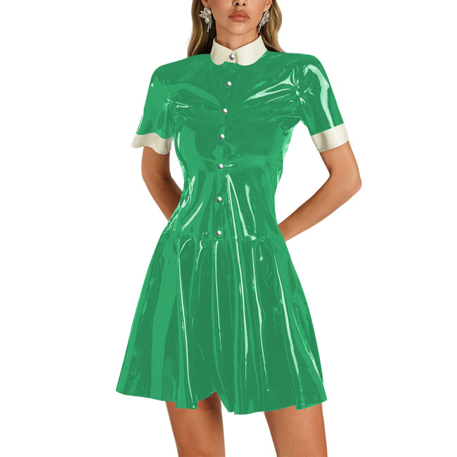 Womens Shiny Vinyl Short Sleeve Short Dress Preppy Style Contrast Collar Slim and Flare Mini Dress Plus Size Party Club Dress