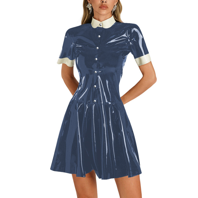 Womens Shiny Vinyl Short Sleeve Short Dress Preppy Style Contrast Collar Slim and Flare Mini Dress Plus Size Party Club Dress