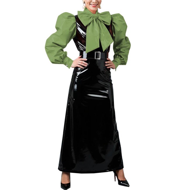 Women's Vintage Style Puff Sleeve Bow Long Dress Laides Glossy PVC Patchwork Slim Dresses Fetish Clubwear Evening Party Costume