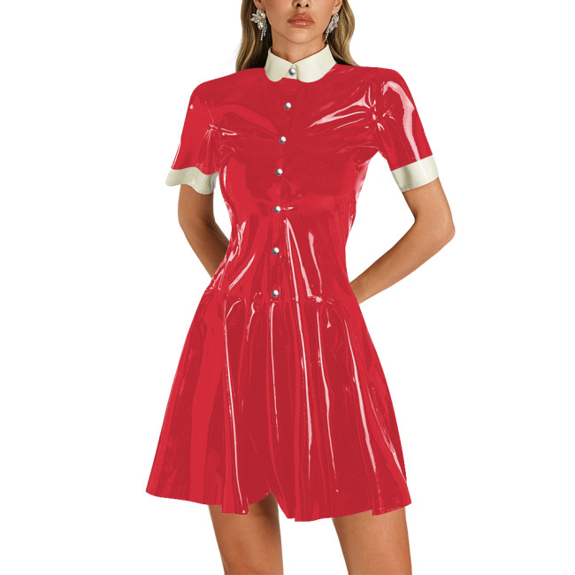 Womens Shiny Vinyl Short Sleeve Short Dress Preppy Style Contrast Collar Slim and Flare Mini Dress Plus Size Party Club Dress