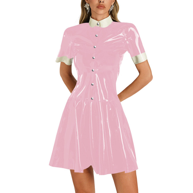Womens Shiny Vinyl Short Sleeve Short Dress Preppy Style Contrast Collar Slim and Flare Mini Dress Plus Size Party Club Dress