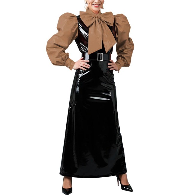 Women's Vintage Style Puff Sleeve Bow Long Dress Laides Glossy PVC Patchwork Slim Dresses Fetish Clubwear Evening Party Costume
