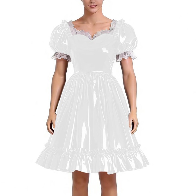 Sissy Lolita Glossy PVC Sweetheart Neck Mid Dress Women's Puff Sleeve Ruffled Hem A-line Dress Halloween Party Pleated Dresses