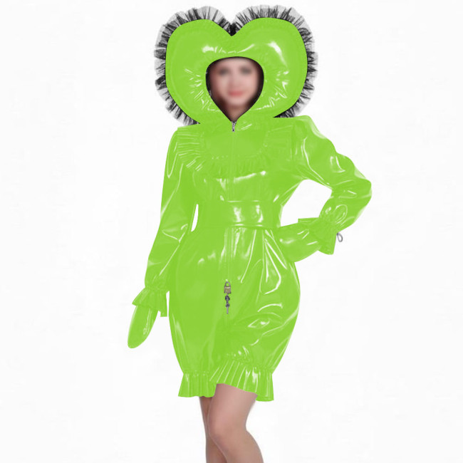 Glossy PVC Sissy Rompers with Lace Hat Long Sleeves Gloved Zipper Front Lockable Bodysuit Uniforms Theme Party Cosplay Outfits