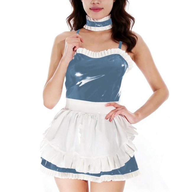 Glossy PVC Leather Party Cosplay Maid Outfit Sexy Sling Mini Dress with Ruffles Collar Apron Womens Servant Lolita Anime Uniform