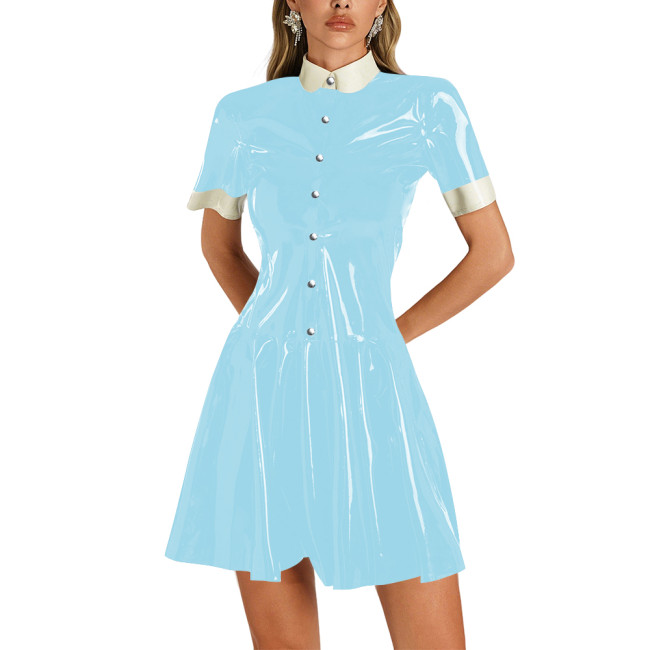 Womens Shiny Vinyl Short Sleeve Short Dress Preppy Style Contrast Collar Slim and Flare Mini Dress Plus Size Party Club Dress