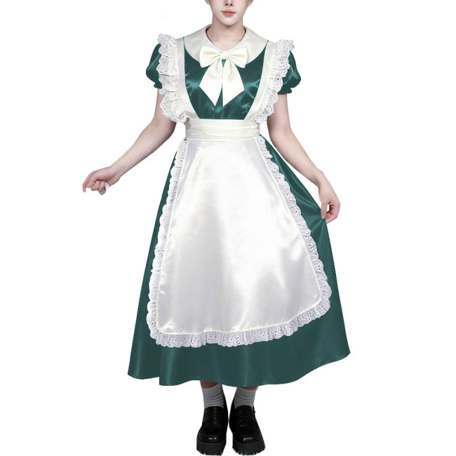 Men's Sissy Satin Maid Midi Dress Party Cosplay Costume Lolita Bow Apron Crossdressing Outfit for Halloween Anime Role Play 7XL