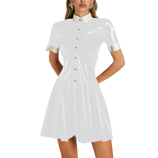 Womens Shiny Vinyl Short Sleeve Short Dress Preppy Style Contrast Collar Slim and Flare Mini Dress Plus Size Party Club Dress