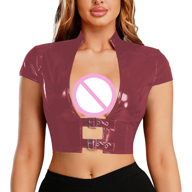 Womens Sexy PVC Shiny Cropped Top Stand Collar Buckle Short Sleeve Slim Short T-shirt Glossy Pole Dance Rave Party Clubwear