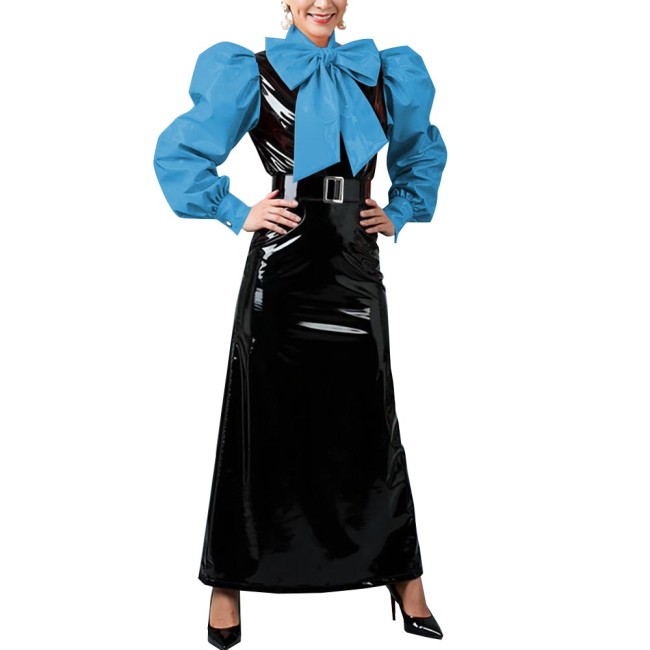 Women's Vintage Style Puff Sleeve Bow Long Dress Laides Glossy PVC Patchwork Slim Dresses Fetish Clubwear Evening Party Costume