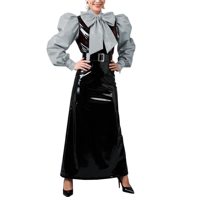 Women's Vintage Style Puff Sleeve Bow Long Dress Laides Glossy PVC Patchwork Slim Dresses Fetish Clubwear Evening Party Costume
