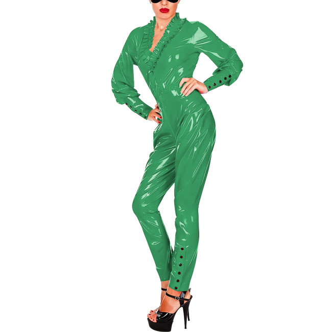 Raves Party PVC Shiny Full Length Jumpsuit Women V-neck Ruffled Long Sleeve Pants Bodysuit Fetish Front Zipper Cosplay Catsuit