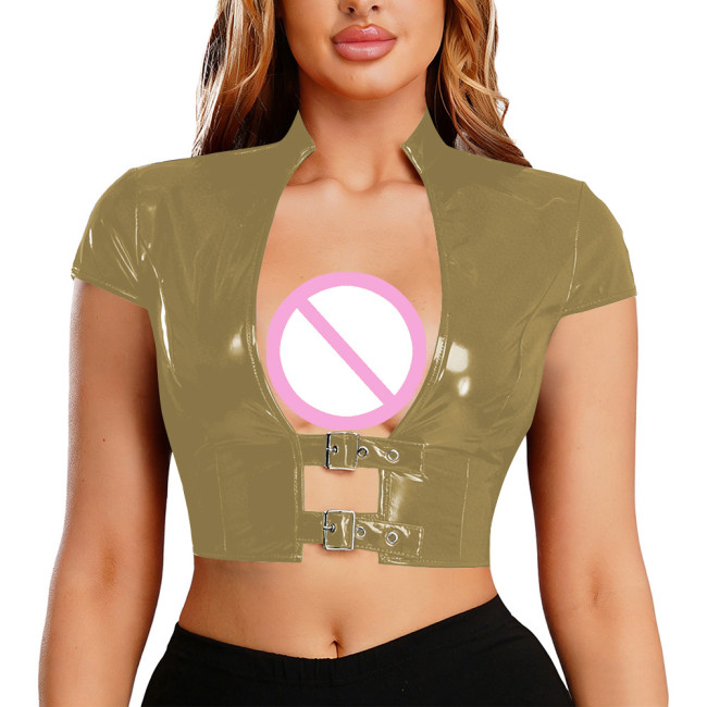 Womens Sexy PVC Shiny Cropped Top Stand Collar Buckle Short Sleeve Slim Short T-shirt Glossy Pole Dance Rave Party Clubwear