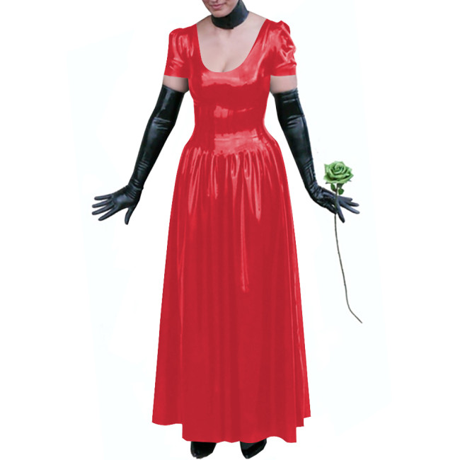 Sexy Club Glossy PVC Leather Maxi Dress Plus Size Puff Sleeves Long Dresses Women's U-neck A-line Ball Gown Wetlook Clubwear