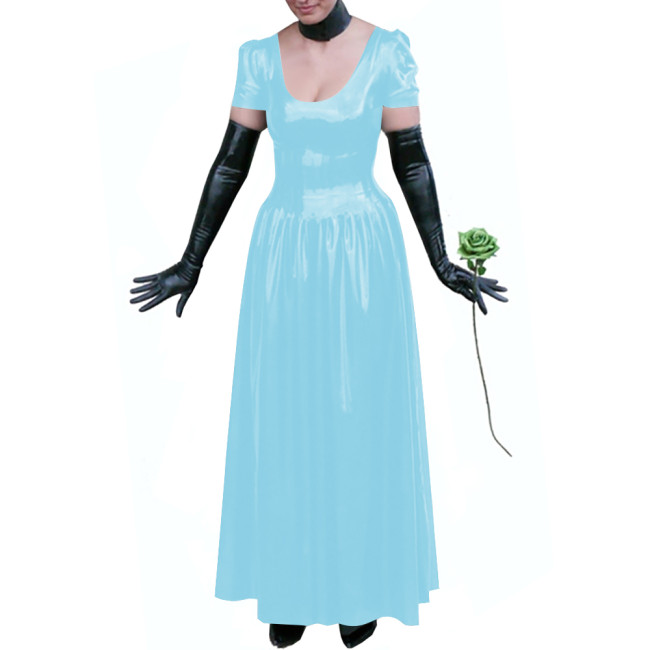 Sexy Club Glossy PVC Leather Maxi Dress Plus Size Puff Sleeves Long Dresses Women's U-neck A-line Ball Gown Wetlook Clubwear