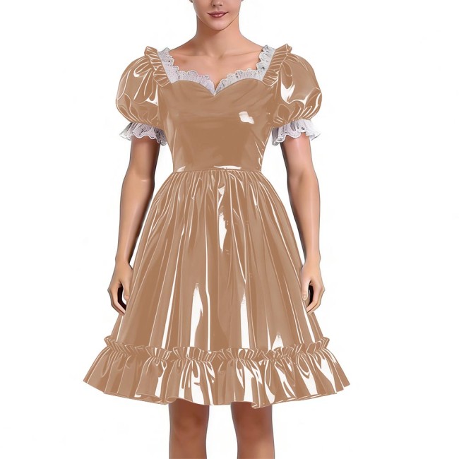 Sissy Lolita Glossy PVC Sweetheart Neck Mid Dress Women's Puff Sleeve Ruffled Hem A-line Dress Halloween Party Pleated Dresses
