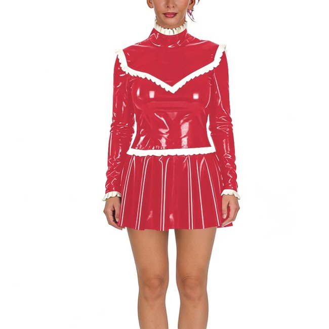 Women‘s Ruffles High Neck Mini Dresses PVC Shiny Long Sleeves Slim and Pleated Bodycon Dress Female Glossy Party Club Vestidos