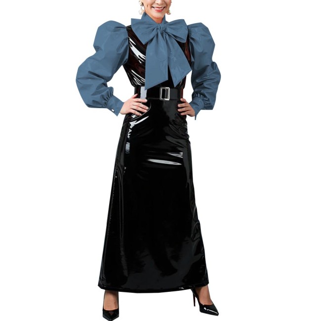 Women's Vintage Style Puff Sleeve Bow Long Dress Laides Glossy PVC Patchwork Slim Dresses Fetish Clubwear Evening Party Costume