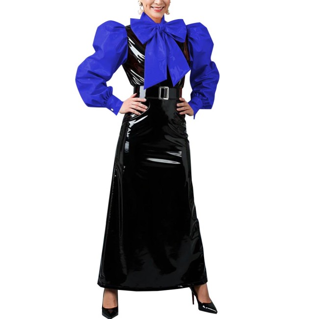 Women's Vintage Style Puff Sleeve Bow Long Dress Laides Glossy PVC Patchwork Slim Dresses Fetish Clubwear Evening Party Costume