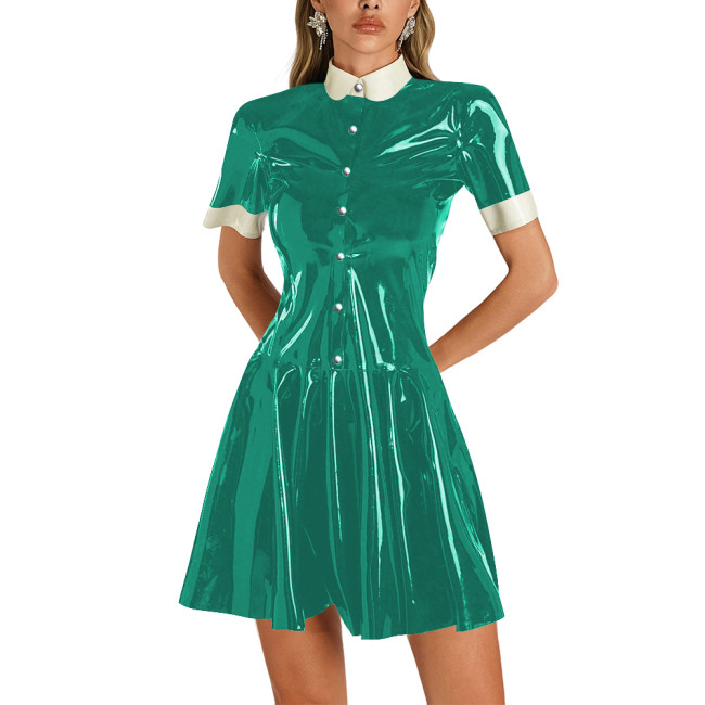 Womens Shiny Vinyl Short Sleeve Short Dress Preppy Style Contrast Collar Slim and Flare Mini Dress Plus Size Party Club Dress