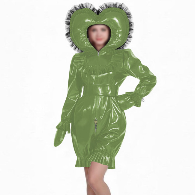 Glossy PVC Sissy Rompers with Lace Hat Long Sleeves Gloved Zipper Front Lockable Bodysuit Uniforms Theme Party Cosplay Outfits
