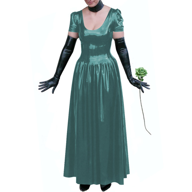 Sexy Club Glossy PVC Leather Maxi Dress Plus Size Puff Sleeves Long Dresses Women's U-neck A-line Ball Gown Wetlook Clubwear